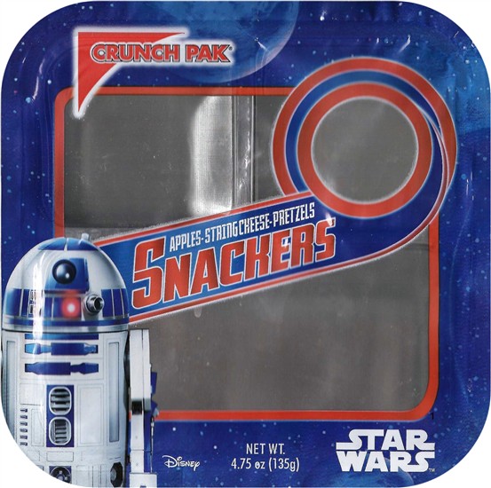 R2-D2.  4.75oz.  Apples, string cheese, pretzels