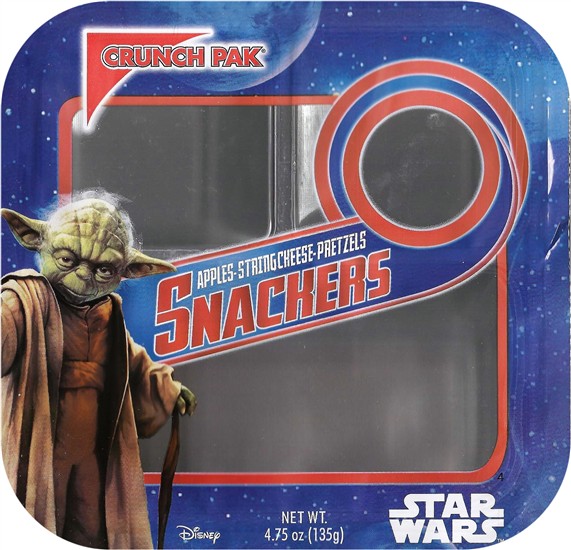 Yoda.  4.75oz.  Apples, string cheese, pretzels