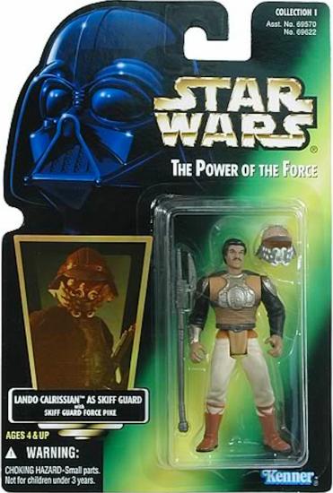 Lando Calrissian as skiff guard with skiff guard force pike .00, holo, col. 1, old bubble, gold circle