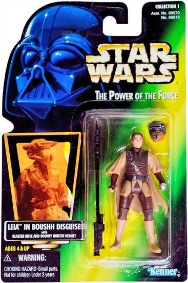 Leia in Boushh disguise with blaster rifle and bounty hunter helmet .02, holo, col. 1, old bubble
