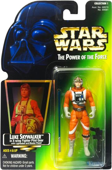 Luke Skywalker in X-wing fighter pilot gear with lightsaber and blaster pistol .02, holo, col. 1, old bubble