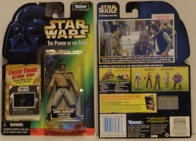 Lando Calrissian in General's gear with blaster pistol .00, col. 1, 1 sticker on bubble