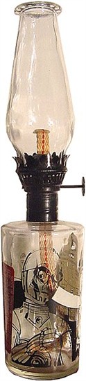 Star Wars oil lamp, base shows drawings of Darth Vader, R2-D2, C-3PO; originally shipped with fuel, wick, and wax seal