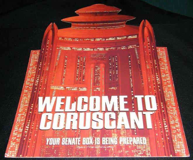Counter display, ''Welcome to Coruscant, Your senate box is being prepared'', building shaped